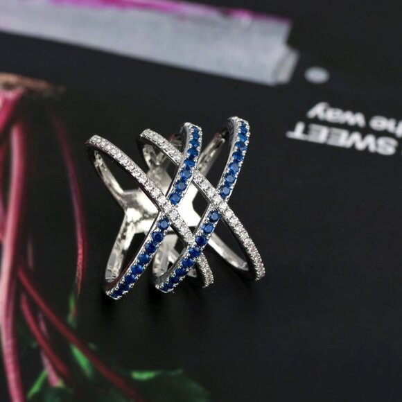 925 Silver Blue White Micro Pave Cross MultiLayer Ring for Women, VIP1… - Picture 4 of 6